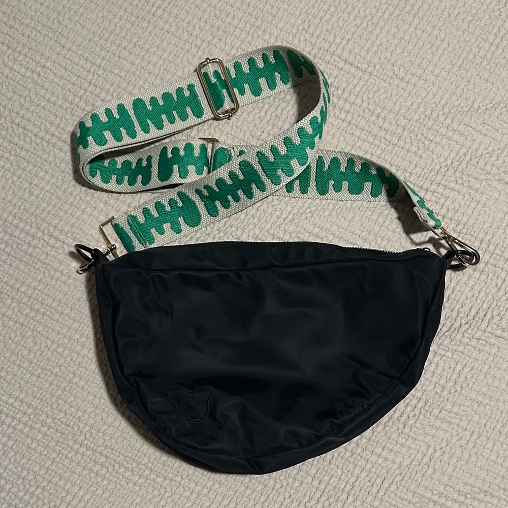 Black Crossbody Bag with Green Strap